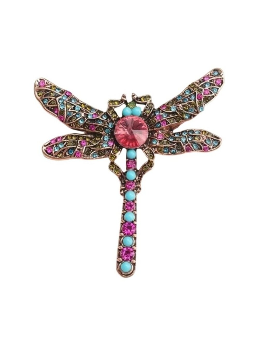 Dragonfly Brooch Pink & Imitation Turquoise Crystals Gold Tone